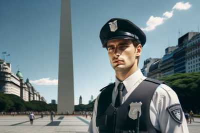 DALL·E 2023-11-12 22.50.23 - Um segurança profissional uniformizado em frente ao Obelisco de Buenos Aires. O guarda é de estatura mediana, usando uma camisa bem passada.