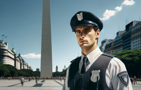DALL·E 2023-11-12 22.50.23 - A professional security guard in uniform standing in front of the Obelisk of Buenos Aires. The guard is of medium build, wearing a neatly pressed sec