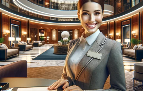 DALL·E 2024-04-02 15.19.54 - An elegant and professional image that serves as the cover for a Hotel Receptionist Course. Must include a graphical representation of a friendly