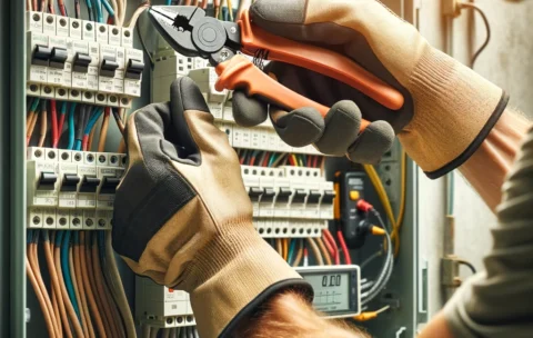 DALL·E 2024-04-02 18.10.01 - Uma imagem tipo fotografia mostrando um close-up das mãos de um eletricista trabalhando em um painel elétrico residencial com precisão e cuidado. Os eleitos