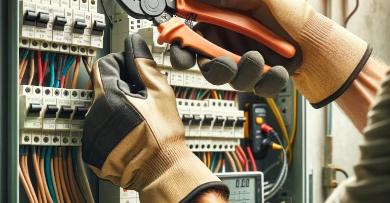 DALL·E 2024-04-02 18.10.01 - A photograph-like image showing a close-up view of an electrician's hands working on a residential electrical panel with precision and care. The elect