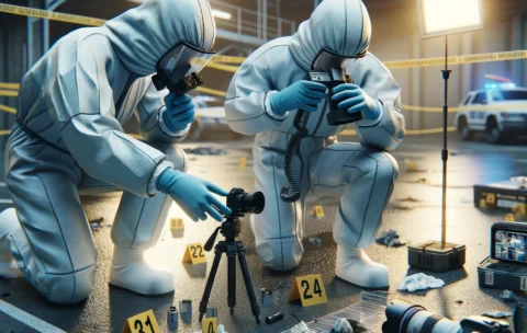 DALL·E 2024-04-05 15.19.02 - A realistic and detailed image of a forensic crime scene investigation for an educational course. The scene includes forensic experts in protective su