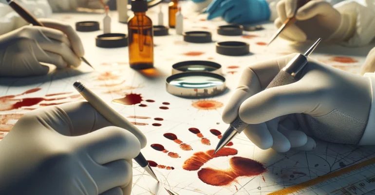 DALL·E 2024-04-05 17.35.23 - Uma imagem de capa realista de um curso intitulado 'Análise de padrões de manchas de sangue'. A imagem mostra um close-up de especialistas forenses