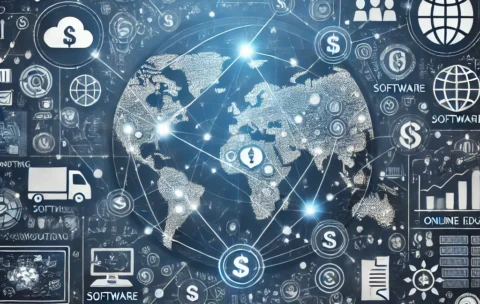 DALL·E 2024-10-13 15.22.16 - An image representing the exportation of digital services globally. The image features a world map with interconnected lines linking various countries