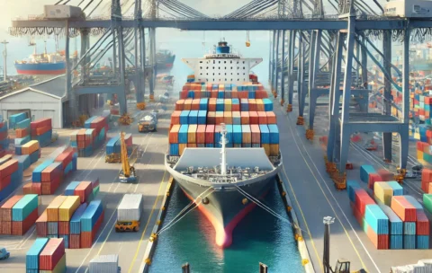 DALL·E 2024-10-13 22.06.03 - A realistic image of a global export scene. A large cargo ship filled with colorful shipping containers is docked at a busy international port. Cranes